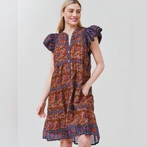 Sea New York Rosita Tunic Dress Women’s S Brown Floral Ruffle Feminine Cotton